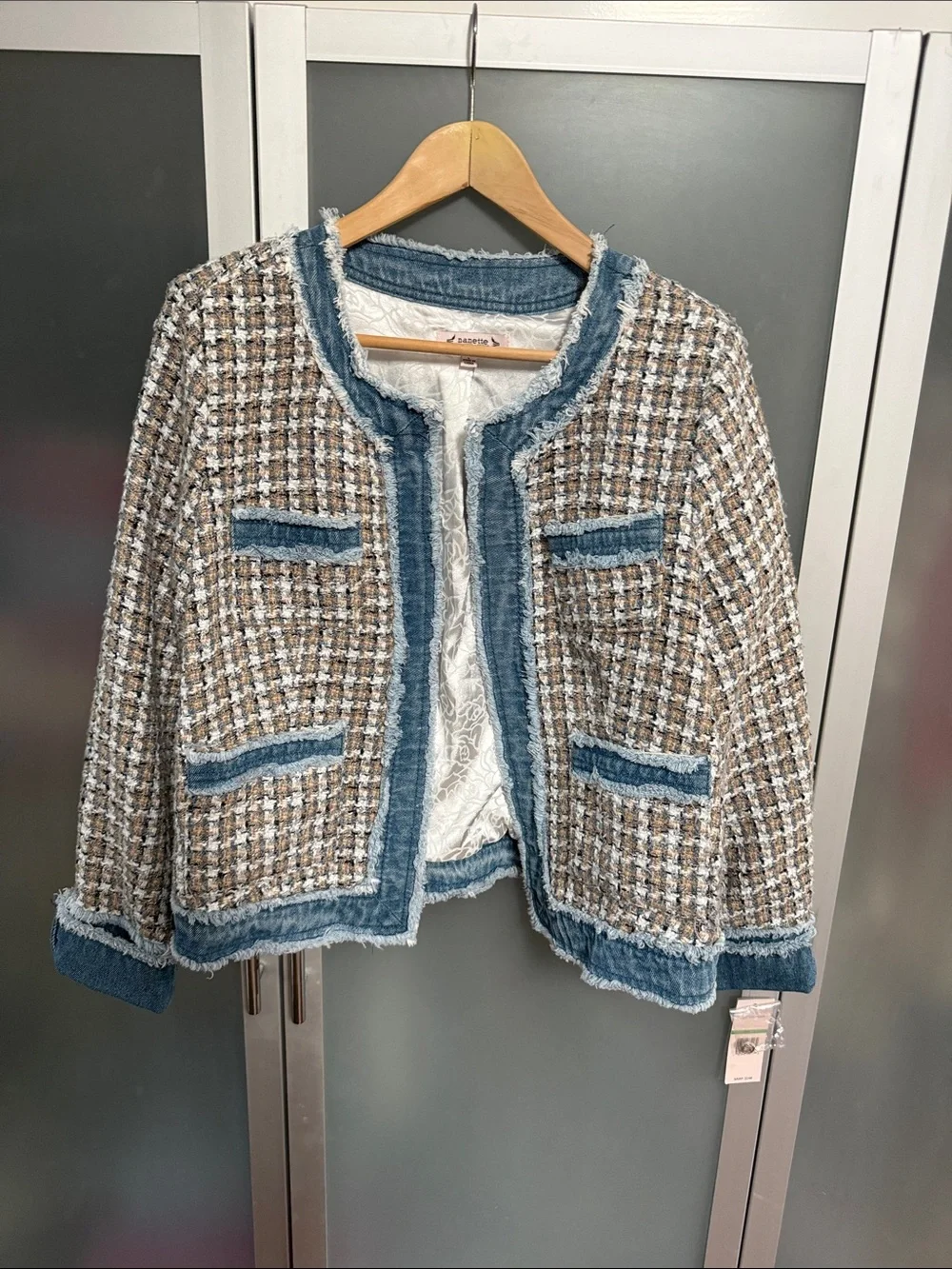Nanette Lepore Blue and Tan Tweed Fringe Jacket